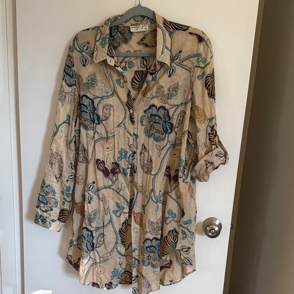 Floral Button Down Shirt Cover-up with Blue and Brown Accents
